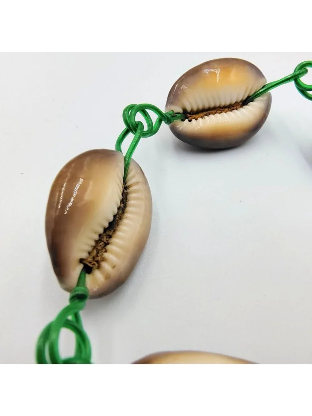Vintage Handmade Cowrie Shell Bracelet Green Wire Boho Beach Coastal Jewelry